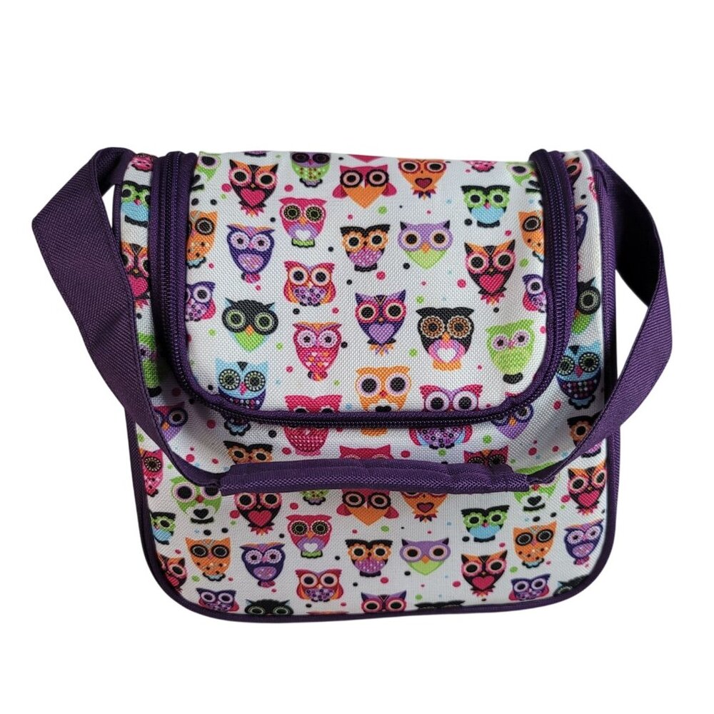 Fit & Fresh Owl Lunch Bag Tote Purple Multicolor Insulated Chiller Zipper Handle
